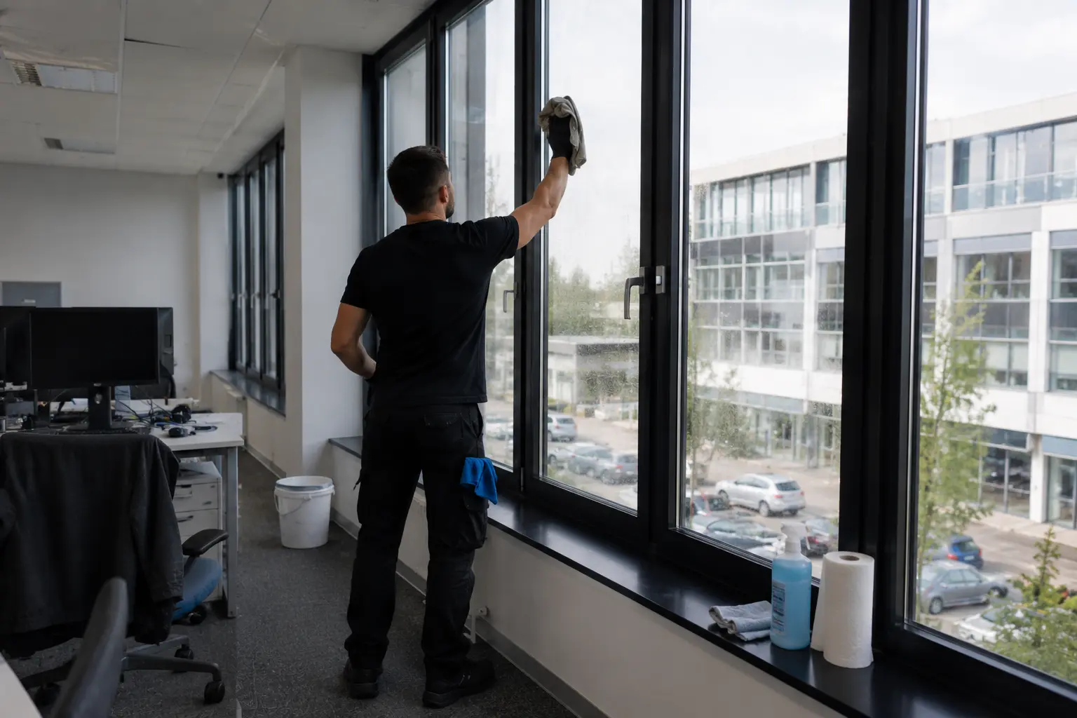 Mitarbeiterin reinigt eine große Bürofensterfront von innen in Rostock