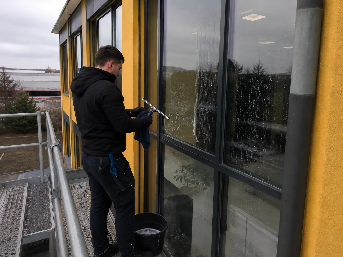 Mitarbeiter reinigt mit Teleskopstange die Glasfront eines Gebäudes in Rostock von außen