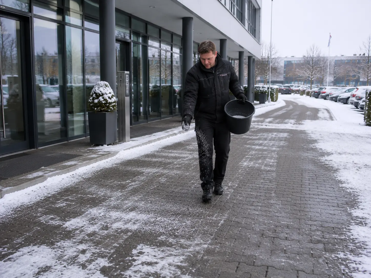 Mitarbeiter streut einen Gehweg vor einem Bürogebäude in Rostock bei Glätte