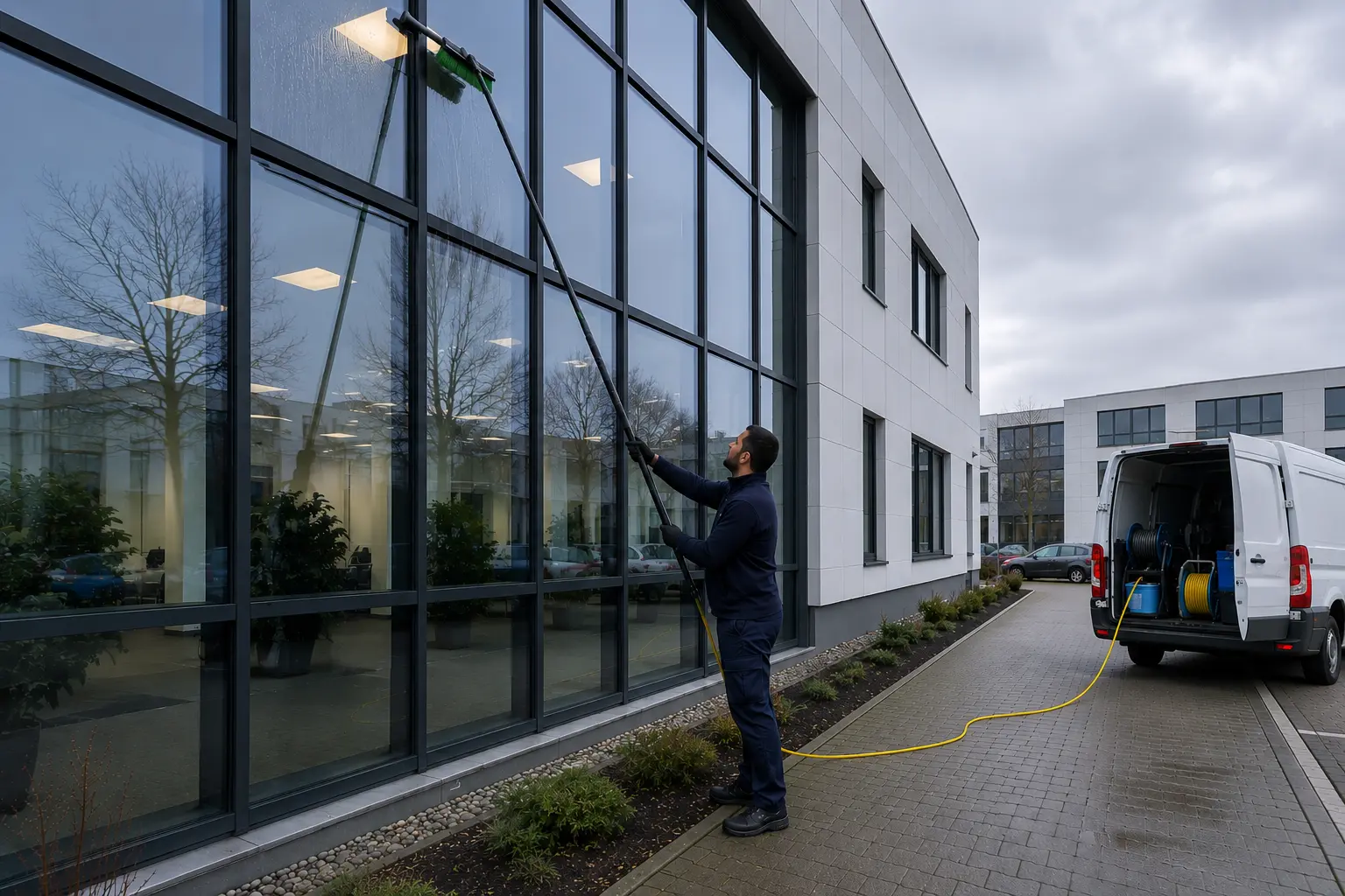 Mitarbeiter reinigt mehrstöckige Bürofassade mit langer Stange neben Firmenwagen in Rostock