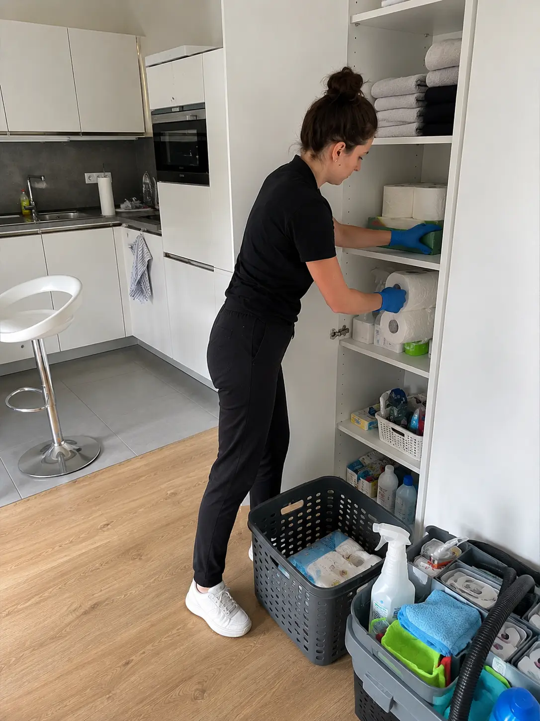 Reinigungskraft reinigt Küchenschränke bei der Endreinigung einer Ferienwohnung in Rostock