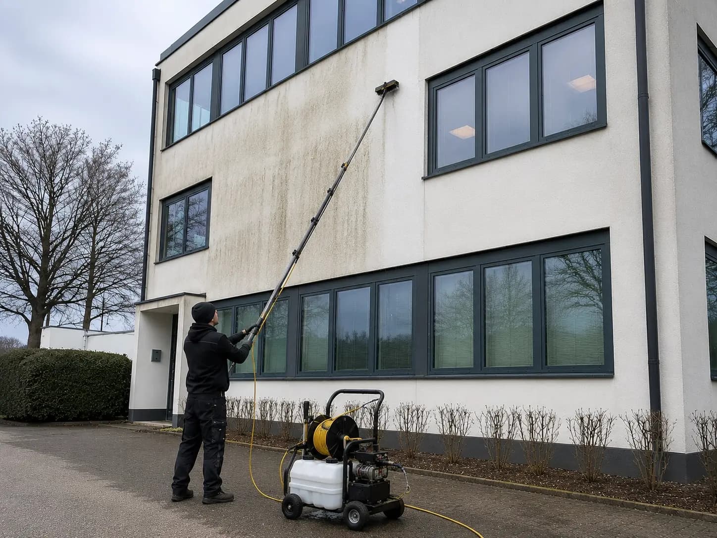 Fassadenreinigung an einem Bürogebäude in Rostock mit professioneller Druckreinigung