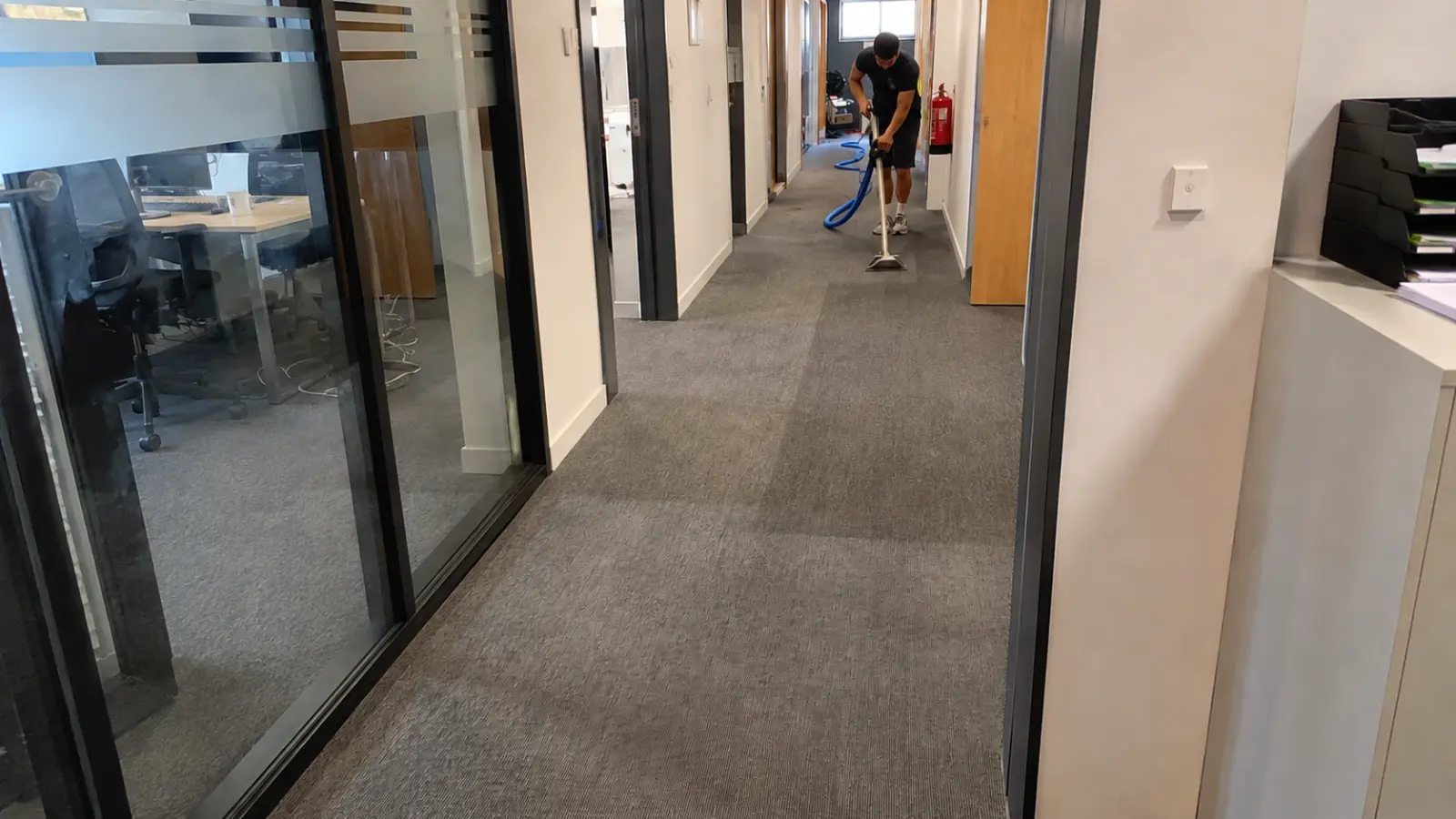 Sprühextraktion eines Büroteppichs mit der Nassreinigungsmaschine in Rostock